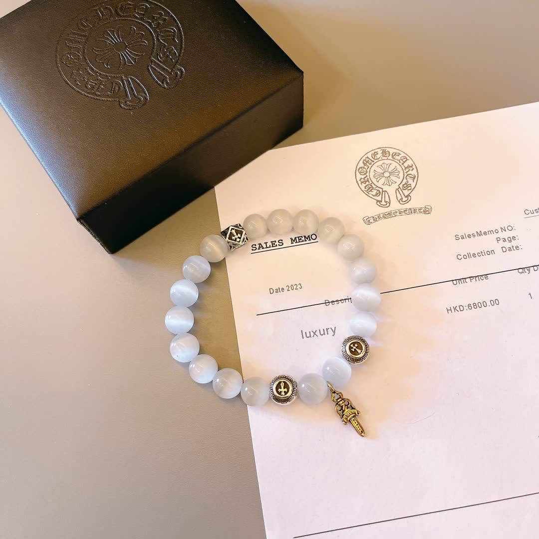 Chrome Hearts Moonstone Beaded Bracelet with Silver Charms